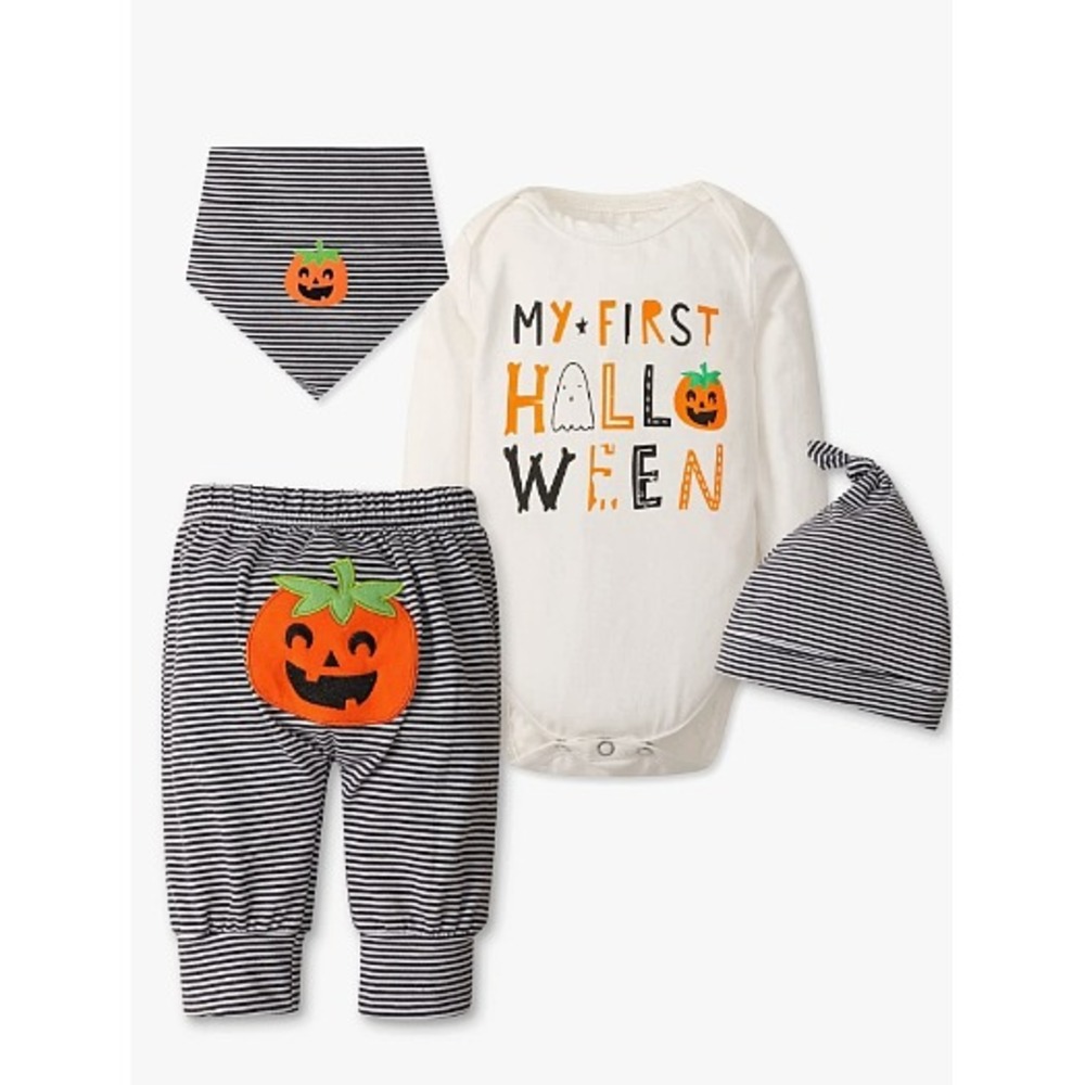 My First Halloween‎ 4pc Outfit Set Baby 3mos Boy Girl Pumpkin Stripe Hat Bib NEW